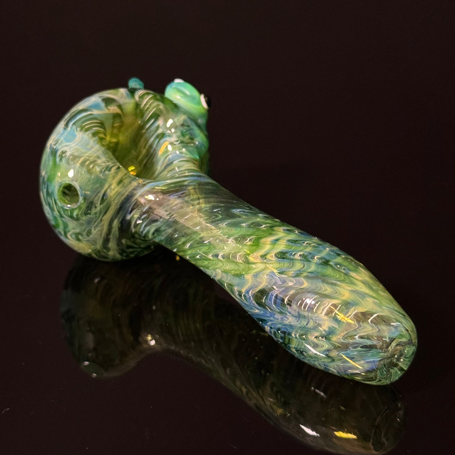 Frog Sculpture on Solid Green glass with multi color wrap Pipe Glass Pipe, Heady Hand Blown