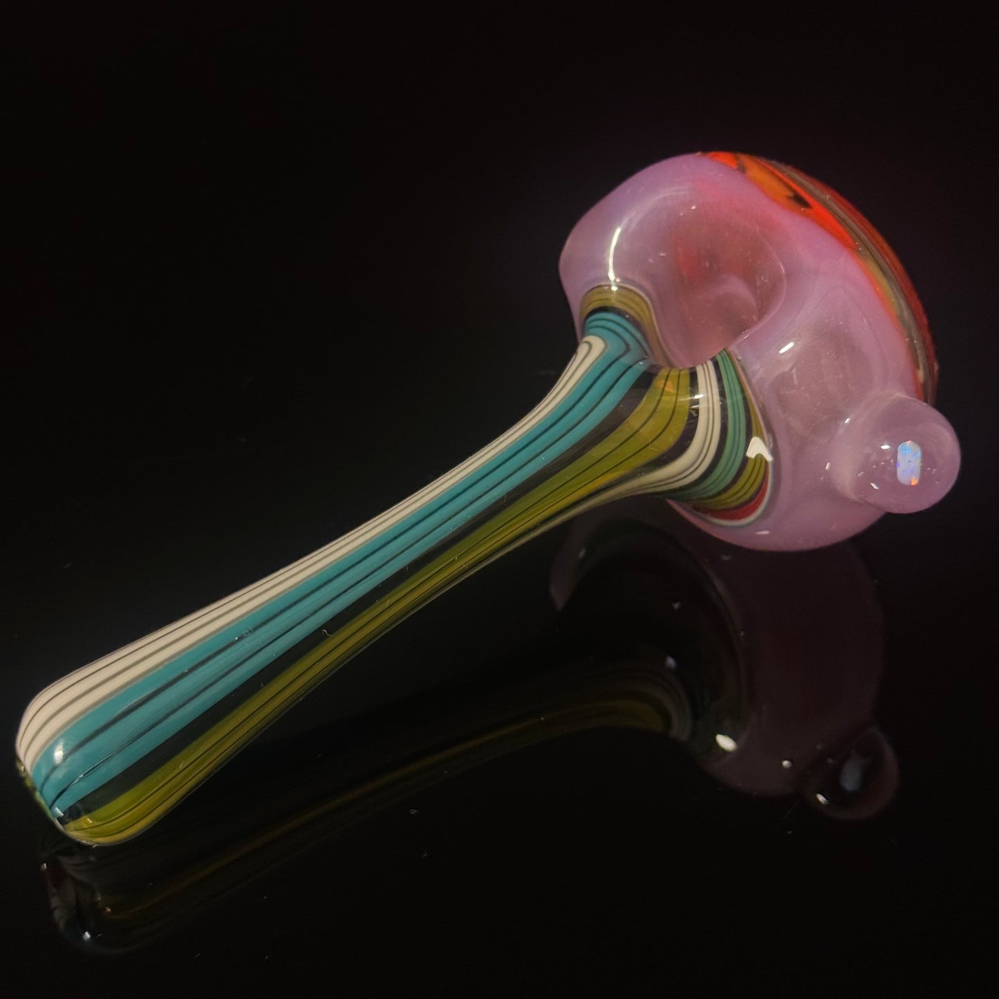 Full Linework Switchback Glass Pipe, Pink Slyme, Heady Hand Blown with An Opal
