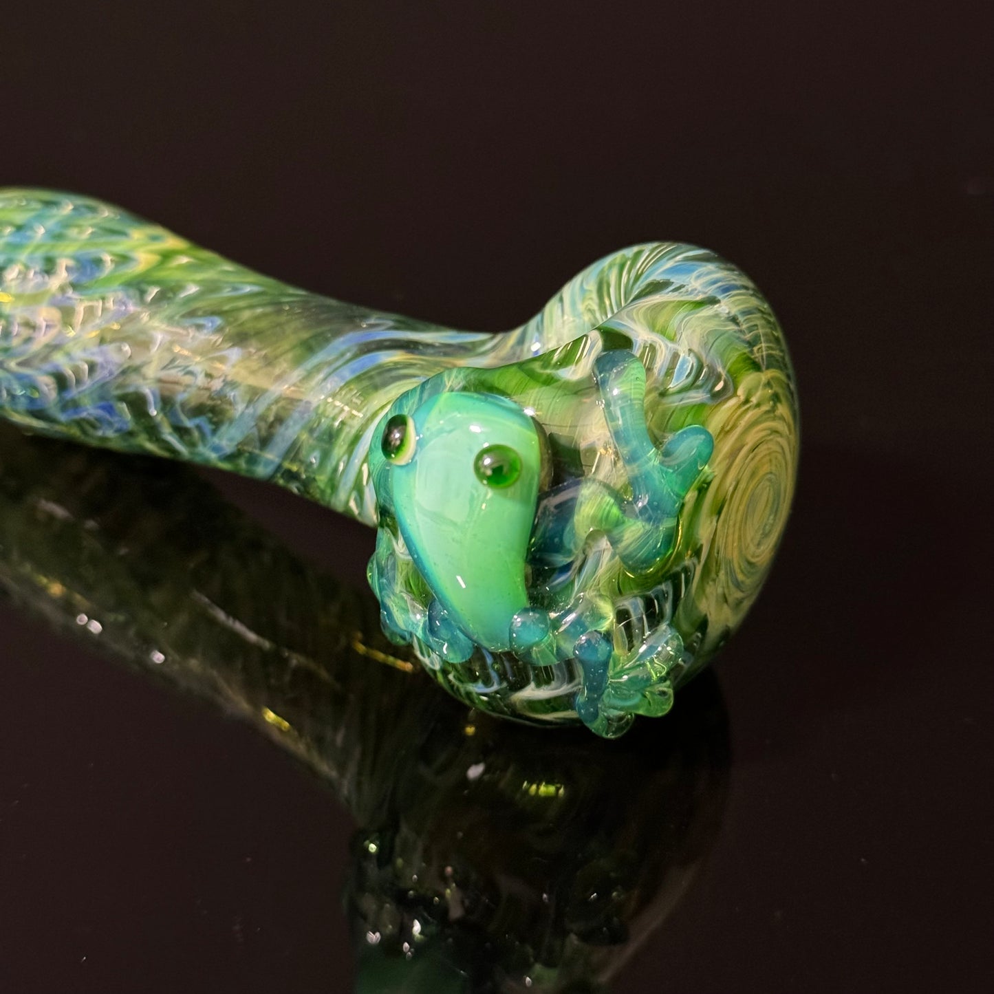 Frog Sculpture on Solid Green glass with multi color wrap Pipe Glass Pipe, Heady Hand Blown