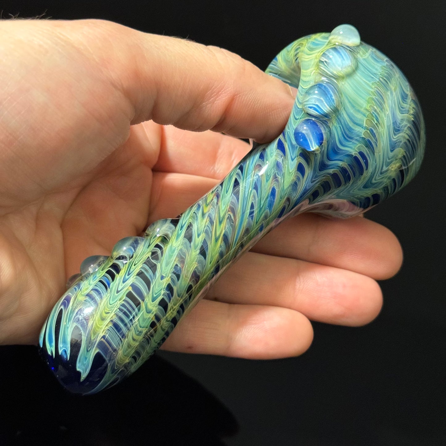 Green & Blue Wrap & Rake Color Glass Heady Pipe Hand Blown