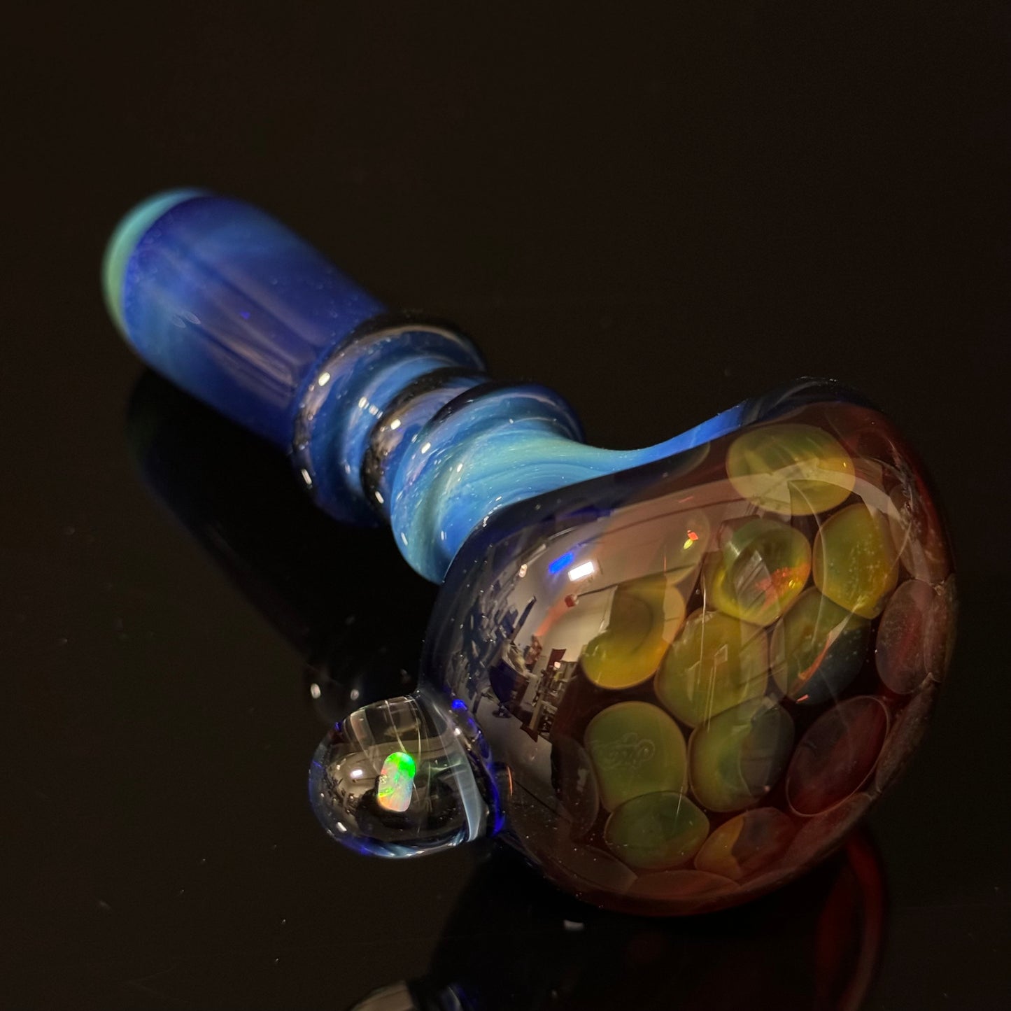 Blue Amber Honeycomb with a Gilson Opal on the side Glass Pipe