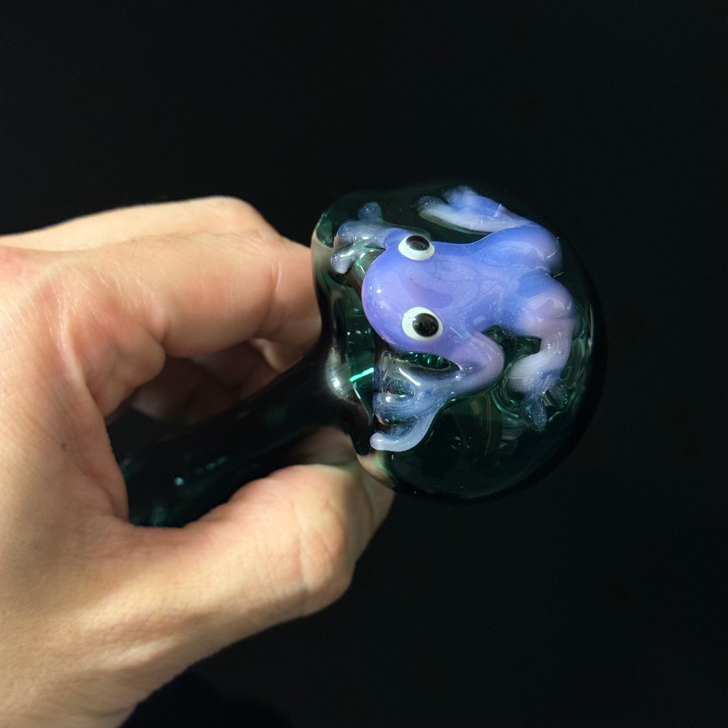 Frog Sculpture on Solid Green Glass Pipe, Heady Hand Blown