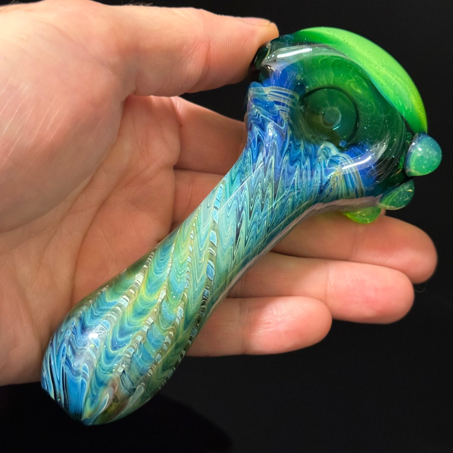 Green Wrap & Rake with a Slyme Cap Glass Heady Pipe Hand Blown