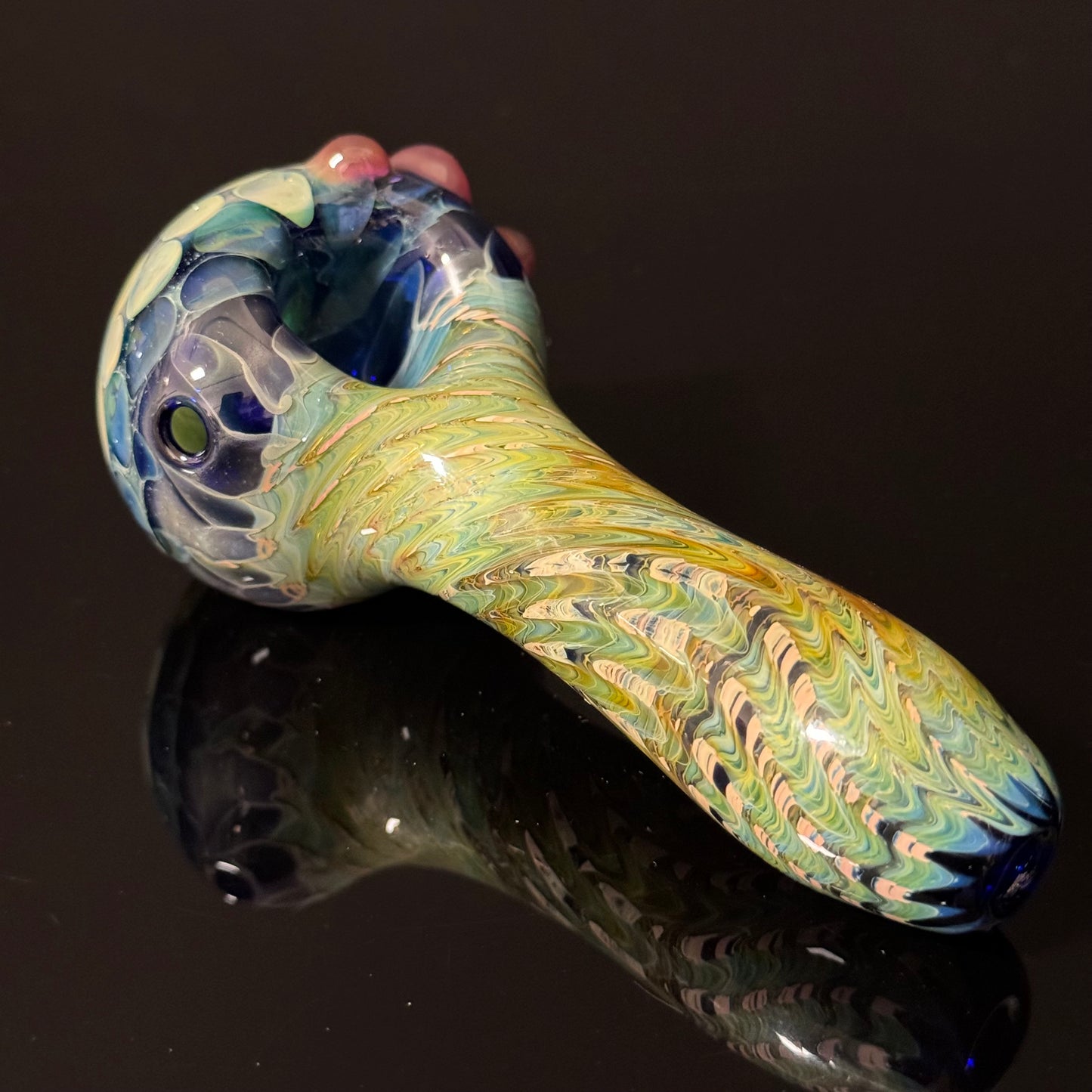 Green Wrapped Honeycomb Glass Heady Pipe Hand Blown