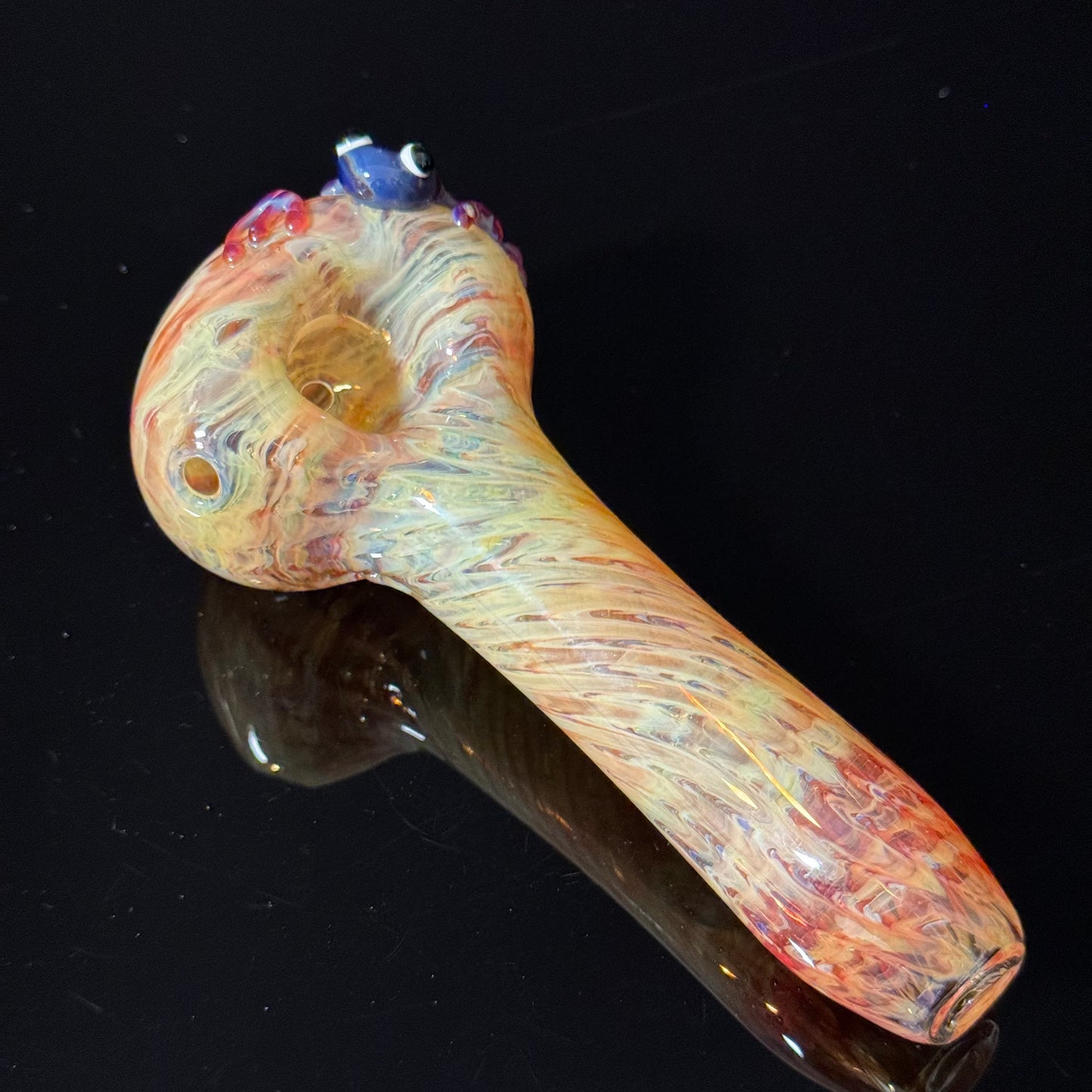 Frog Sculpture on a Multicolor wrapoed glass with multi color wrap Pipe Glass Pipe, Heady Hand Blown