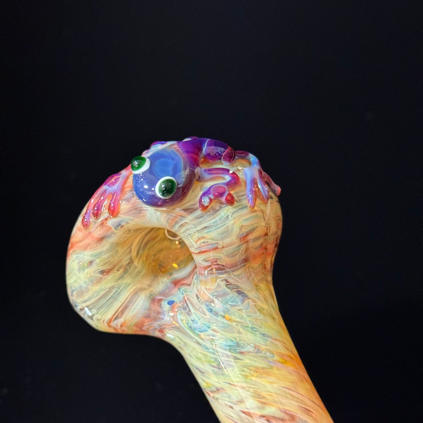 Frog Sculpture on a Multicolor wrapoed glass with multi color wrap Pipe Glass Pipe, Heady Hand Blown