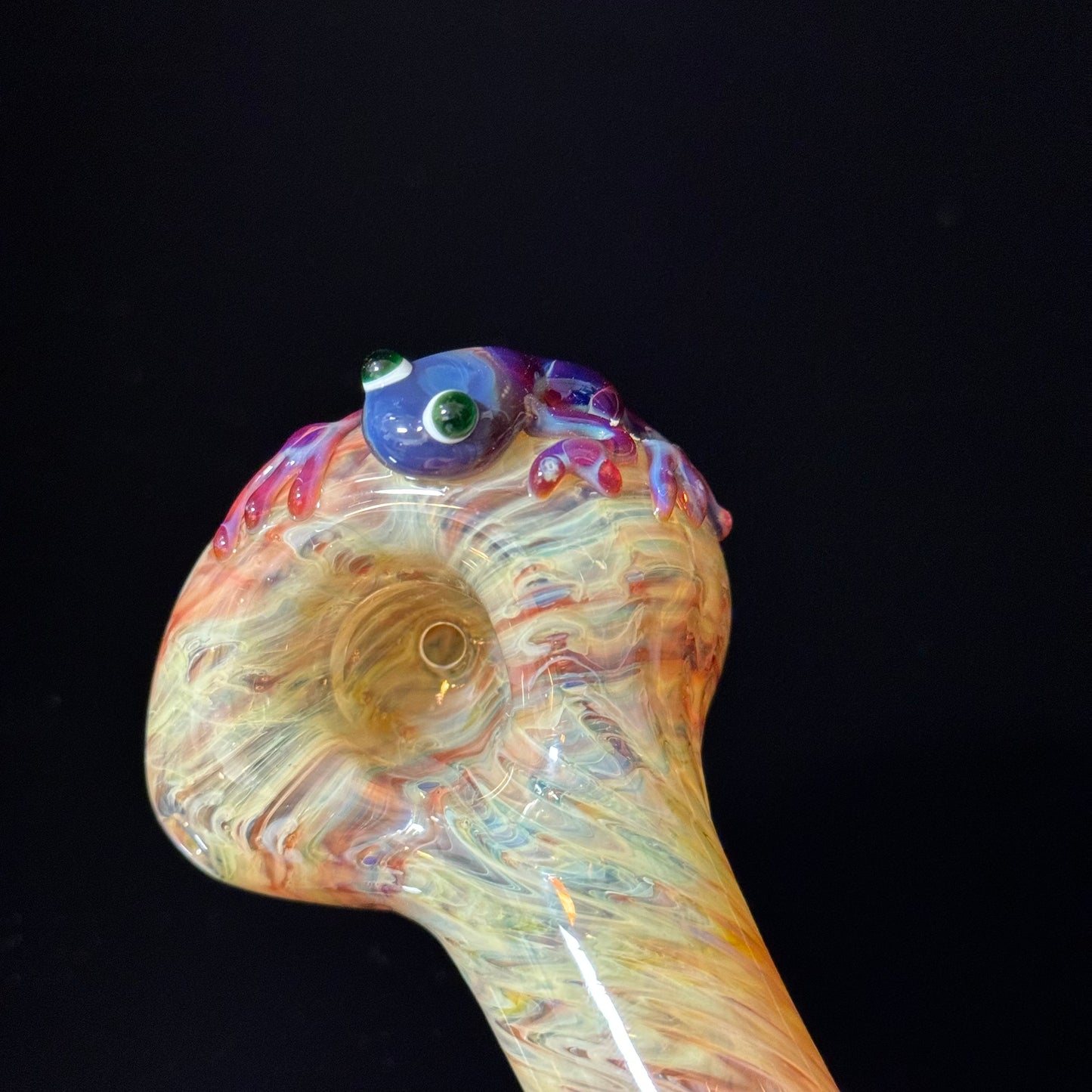 Frog Sculpture on a Multicolor wrapoed glass with multi color wrap Pipe Glass Pipe, Heady Hand Blown