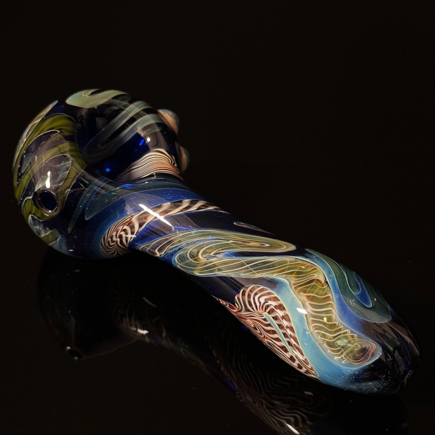 Cobalt Blue Latticino Linework Wrapped Color Glass Heady Pipe Hand Blown