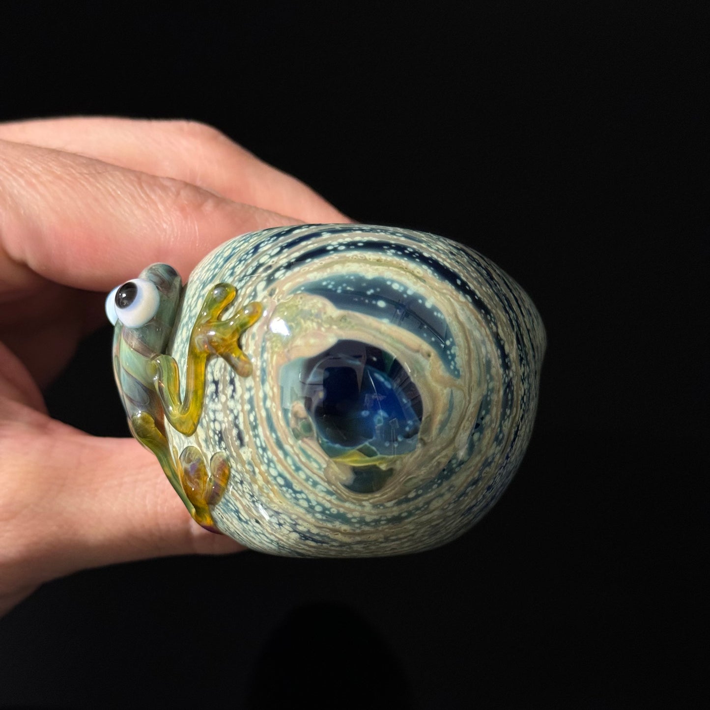 Frog Sculpture on a Multicolor wrapped Glass Pipe, Heady Hand Blown