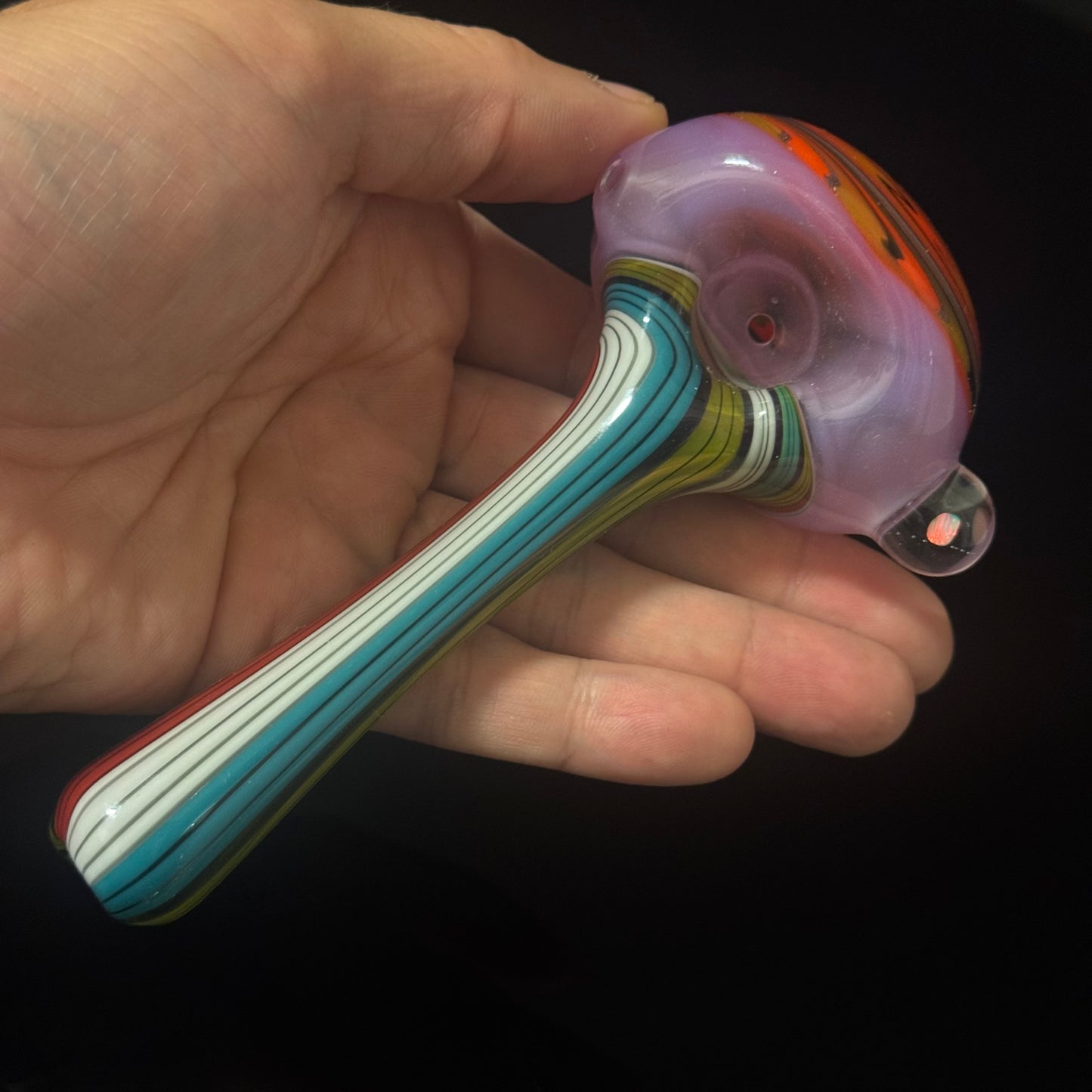 Full Linework Switchback Glass Pipe, Pink Slyme, Heady Hand Blown with An Opal