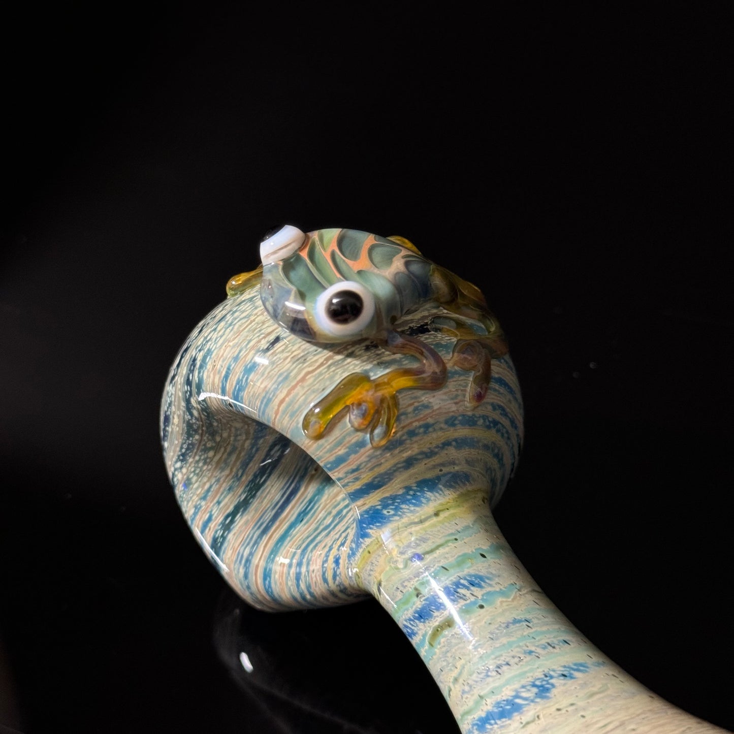 Frog Sculpture on a Multicolor wrapped Glass Pipe, Heady Hand Blown