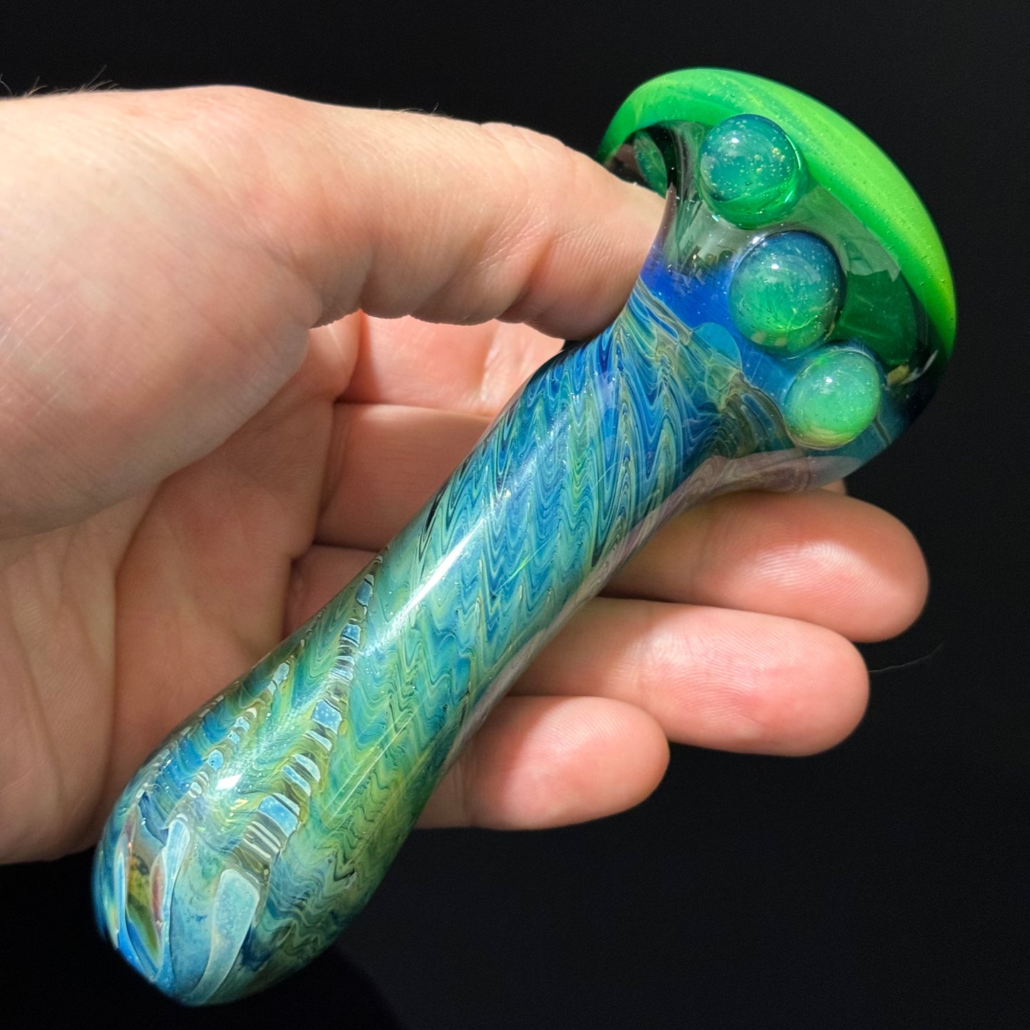 Green Wrap & Rake with a Slyme Cap Glass Heady Pipe Hand Blown