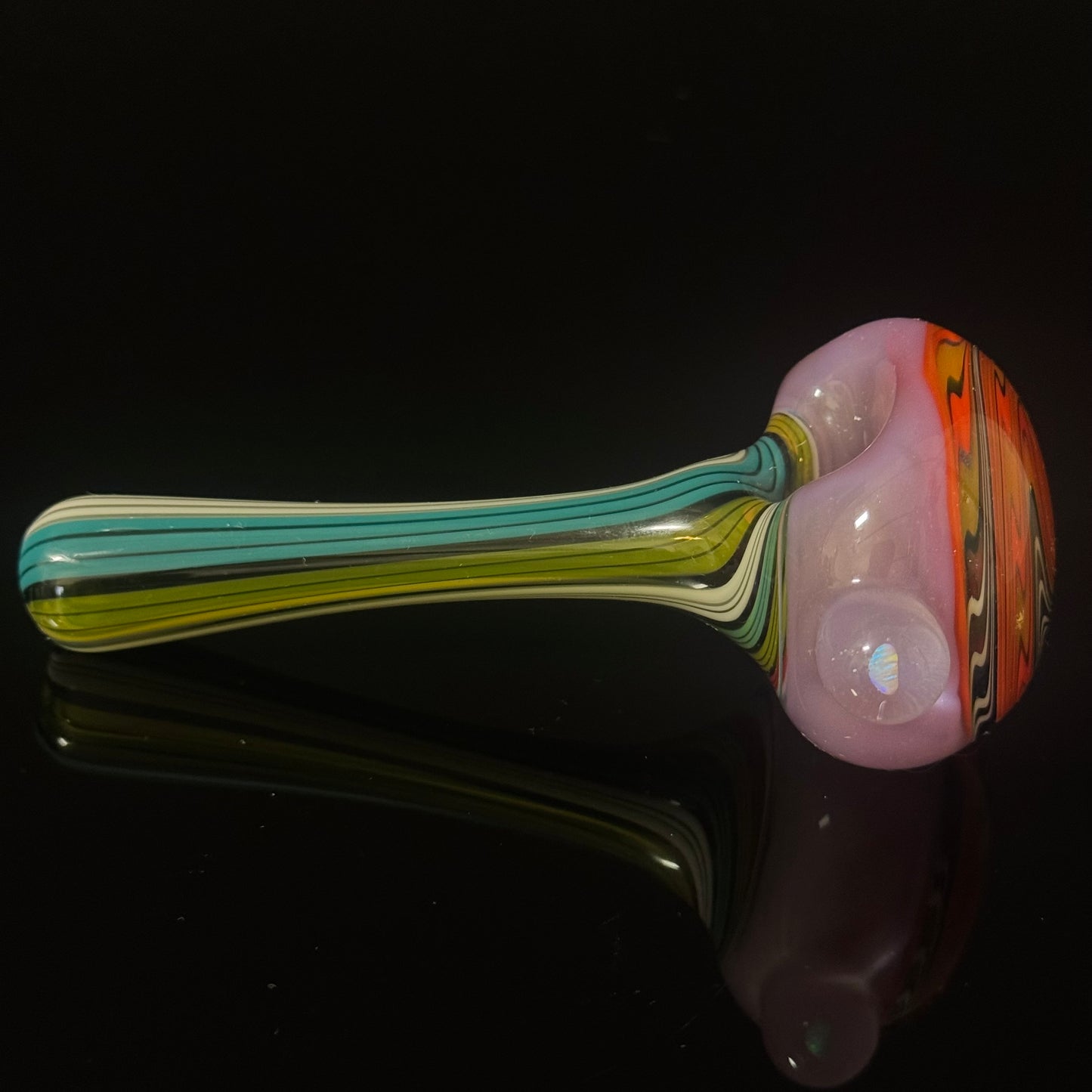 Full Linework Switchback Glass Pipe, Pink Slyme, Heady Hand Blown with An Opal
