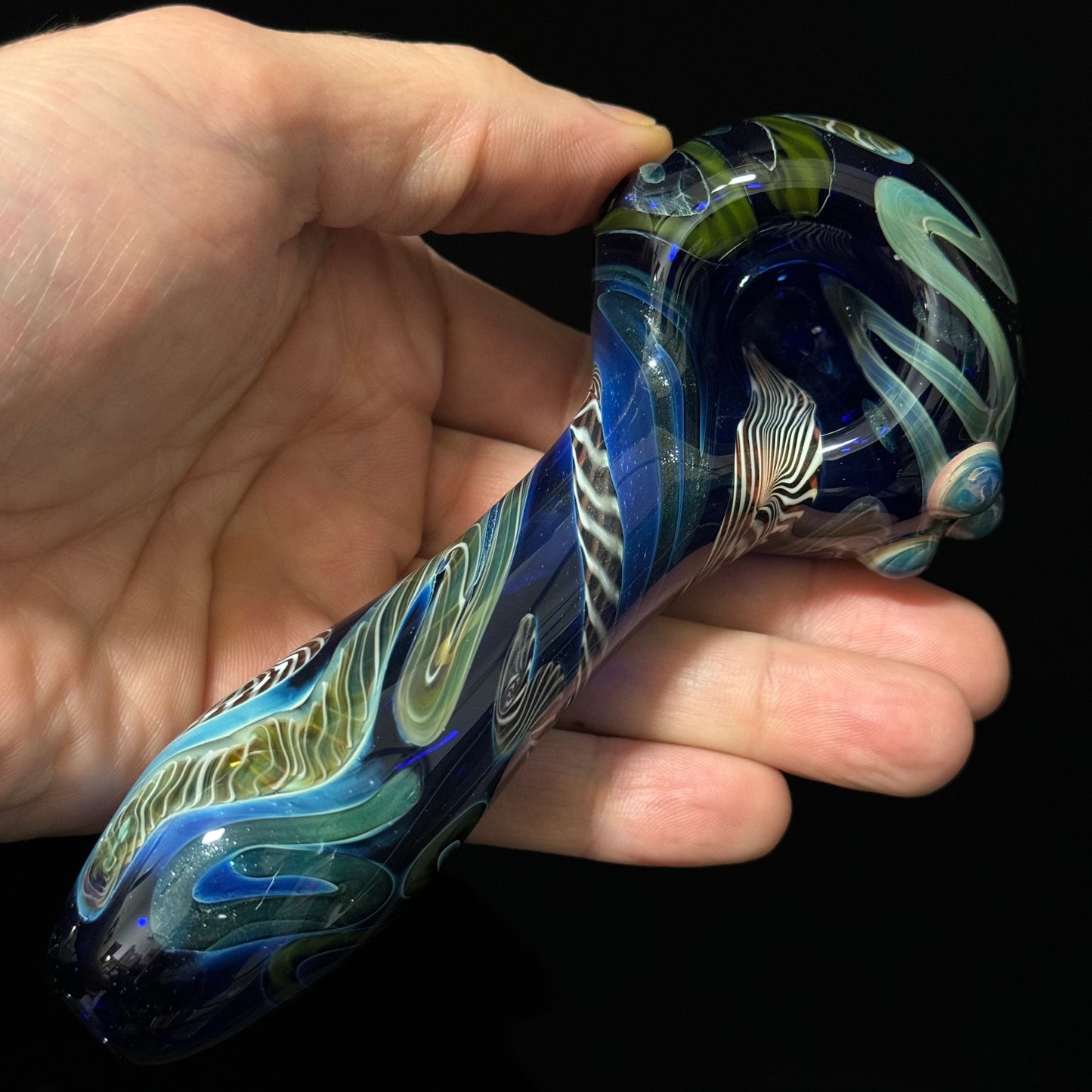 Cobalt Blue Latticino Linework Wrapped Color Glass Heady Pipe Hand Blown