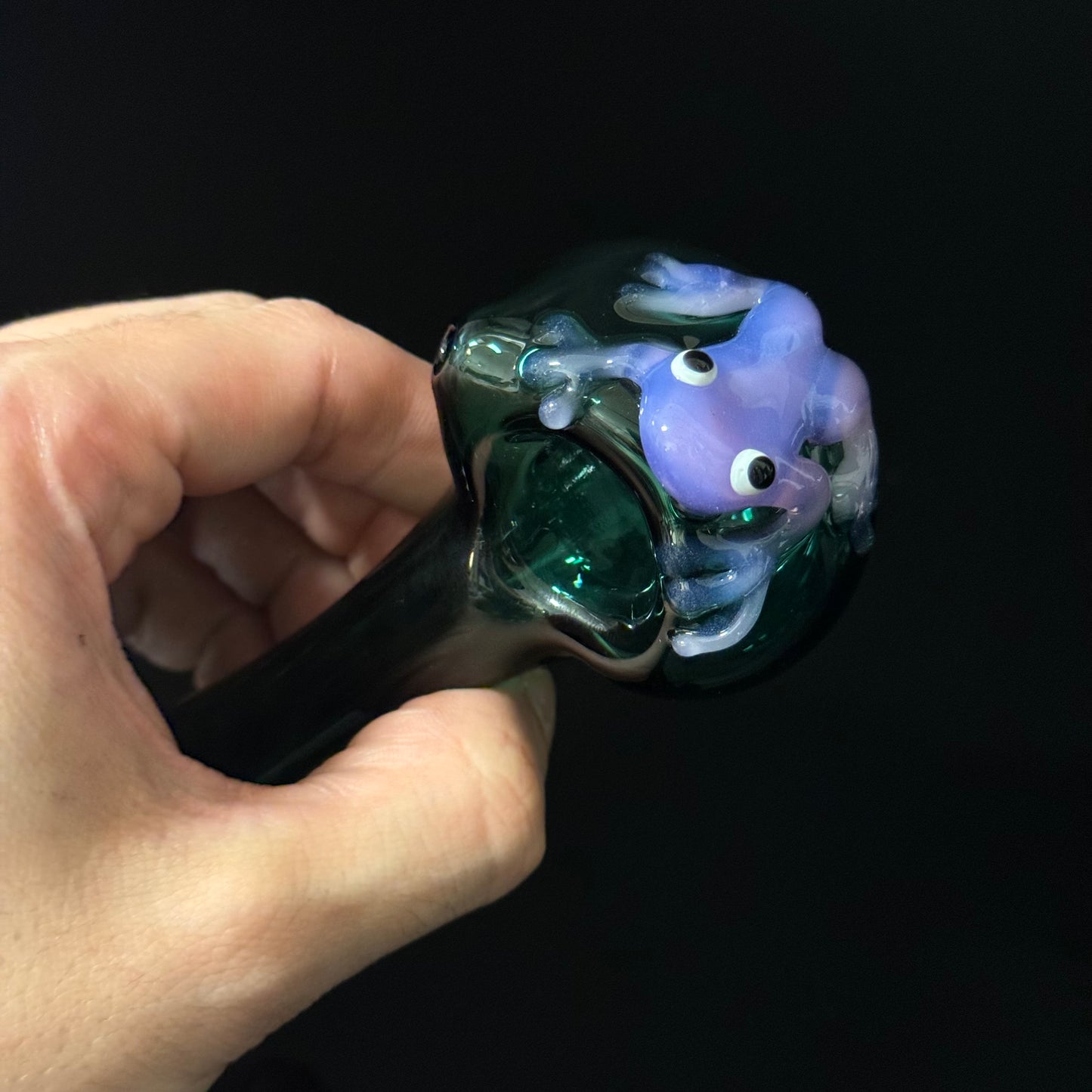 Frog Sculpture on Solid Green Glass Pipe, Heady Hand Blown