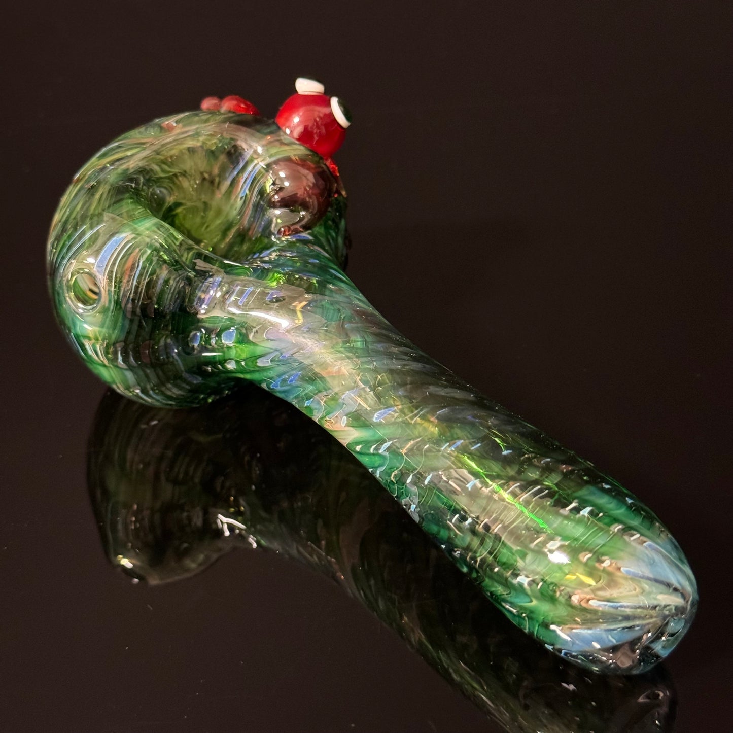 Frog Sculpture on Solid Green glass with multi color wrap Pipe, Heady Hand Blown