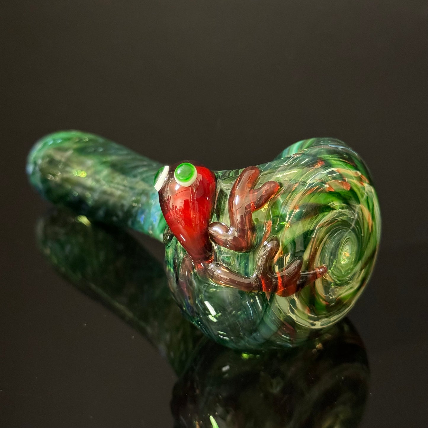 Frog Sculpture on Solid Green glass with multi color wrap Pipe, Heady Hand Blown