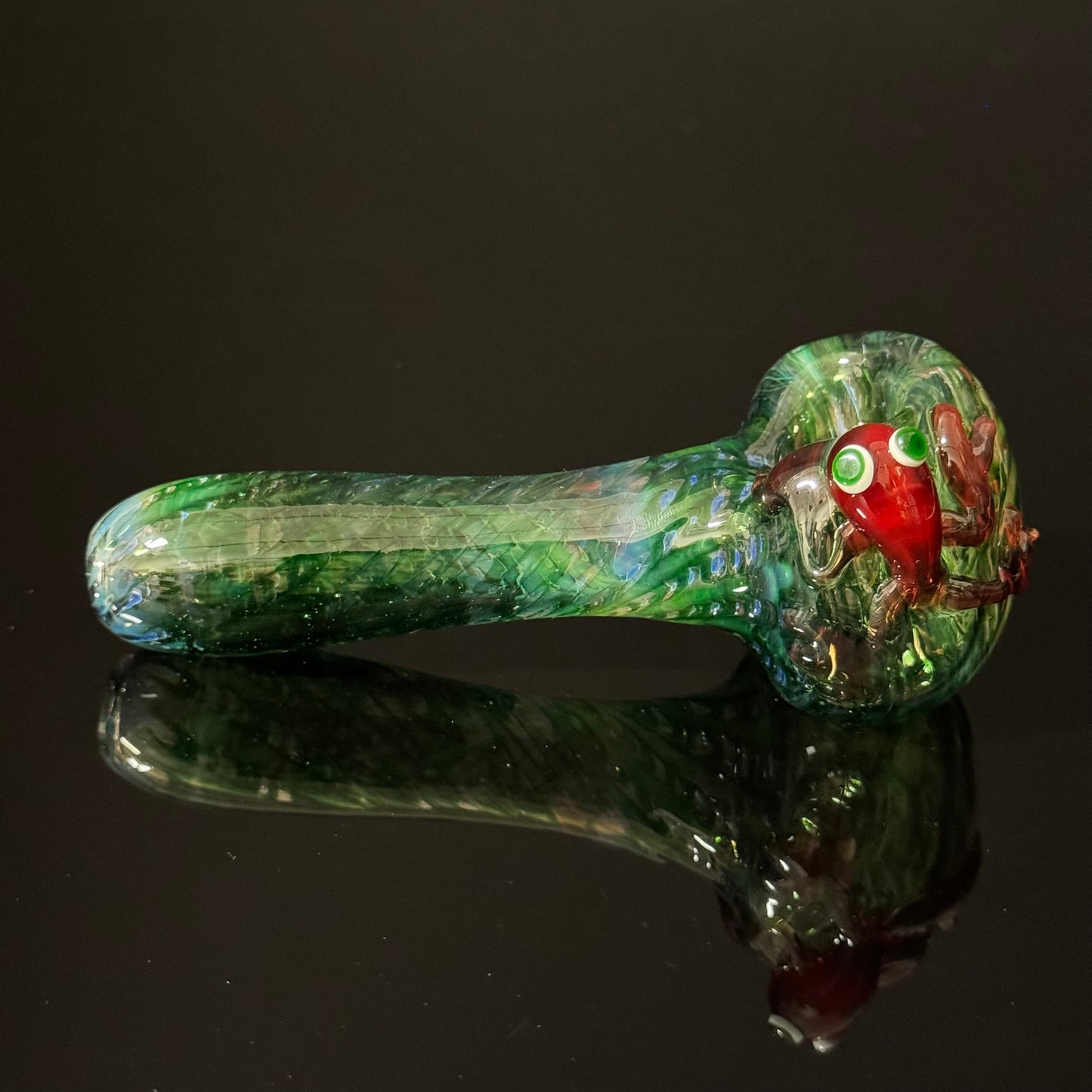 Frog Sculpture on Solid Green glass with multi color wrap Pipe, Heady Hand Blown