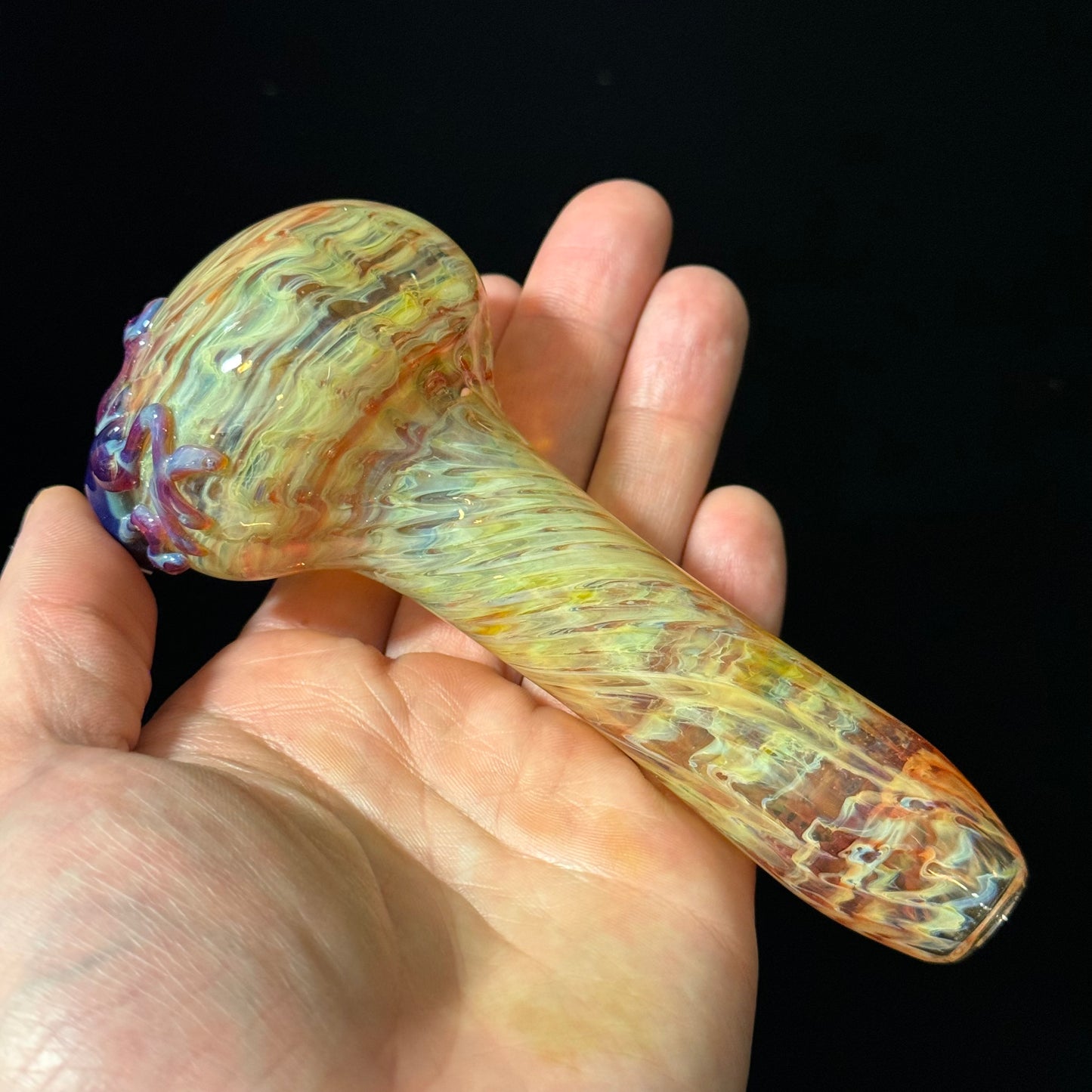 Frog Sculpture on a Multicolor wrapoed glass with multi color wrap Pipe Glass Pipe, Heady Hand Blown