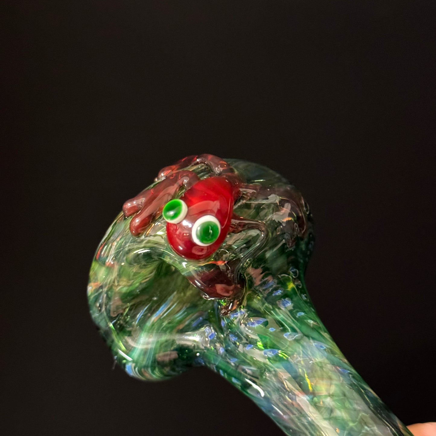 Frog Sculpture on Solid Green glass with multi color wrap Pipe, Heady Hand Blown