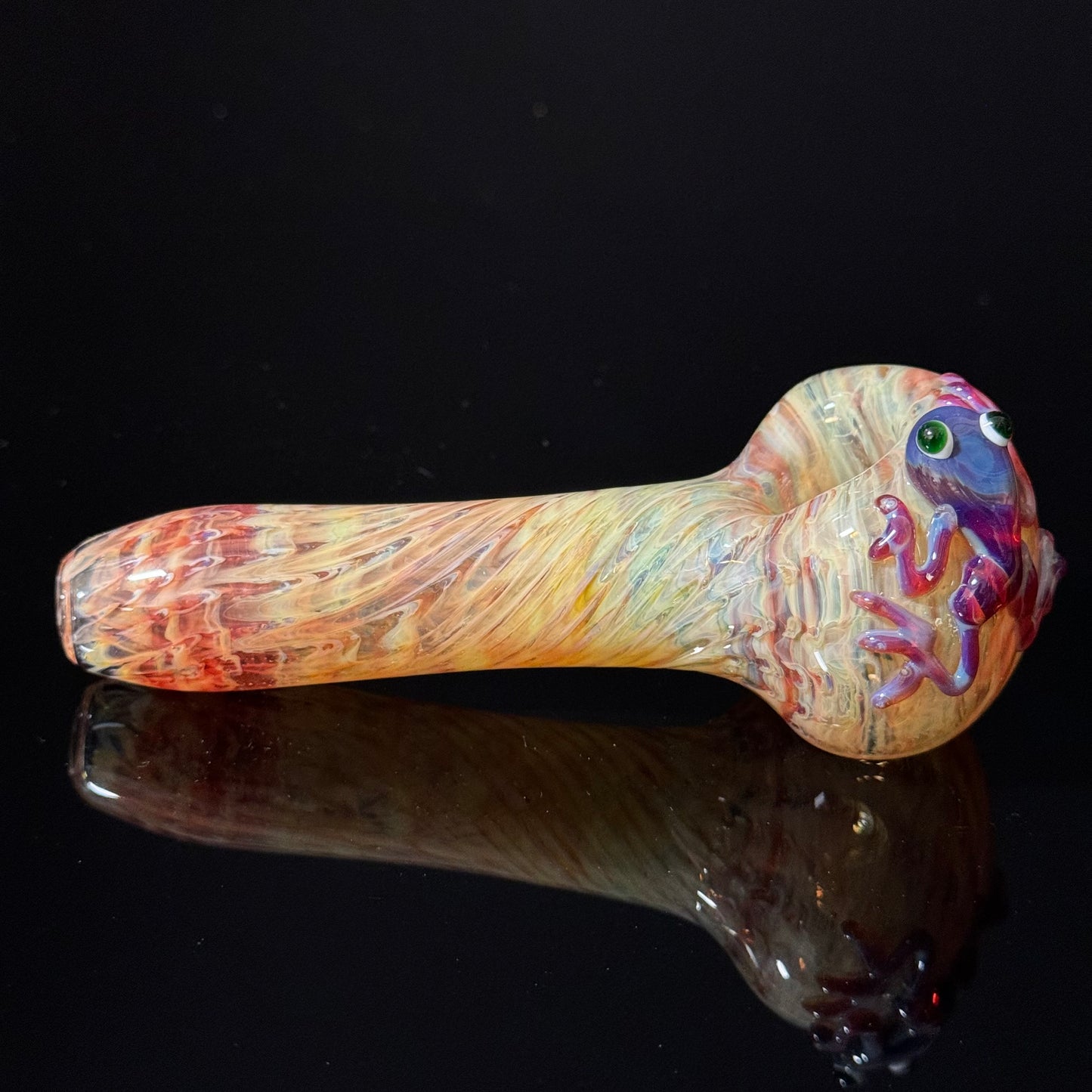 Frog Sculpture on a Multicolor wrapoed glass with multi color wrap Pipe Glass Pipe, Heady Hand Blown