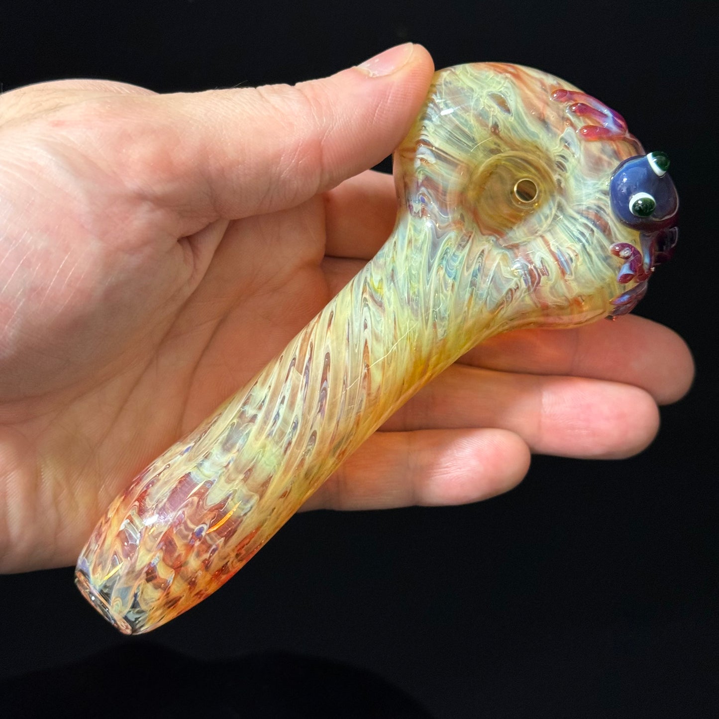 Frog Sculpture on a Multicolor wrapoed glass with multi color wrap Pipe Glass Pipe, Heady Hand Blown