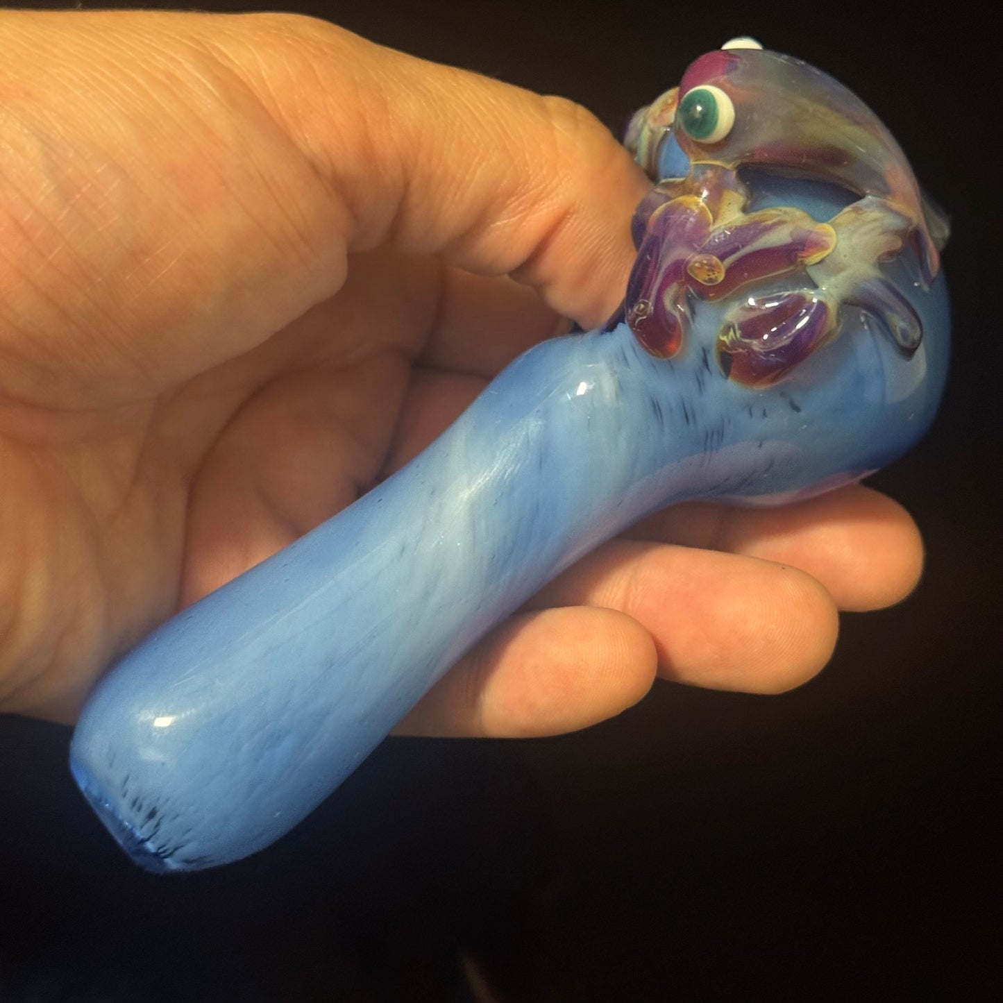 Frog Sculpture on a Multicolor wrapped Glass Pipe, Heady Hand Blown