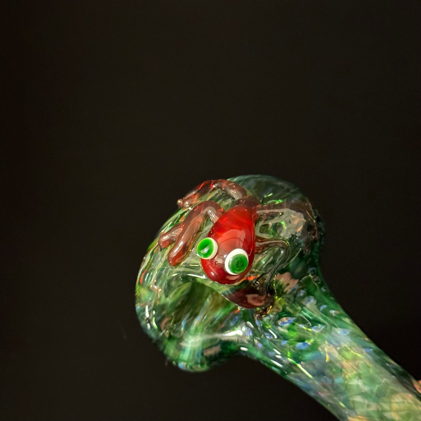 Frog Sculpture on Solid Green glass with multi color wrap Pipe, Heady Hand Blown