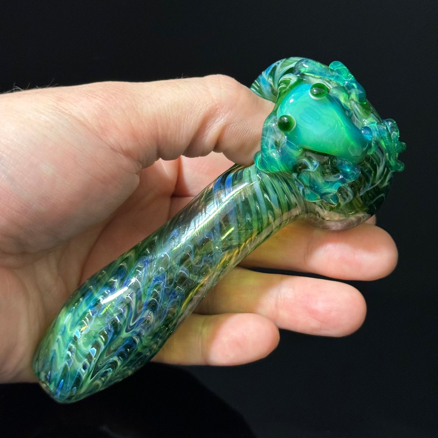 Frog Sculpture on Solid Green glass with multi color wrap Pipe Glass Pipe, Heady Hand Blown