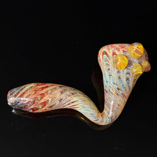 Red Wrapped Silver Fumed Color Changing Glass Sherlock Pipe, Heady Hand Blown