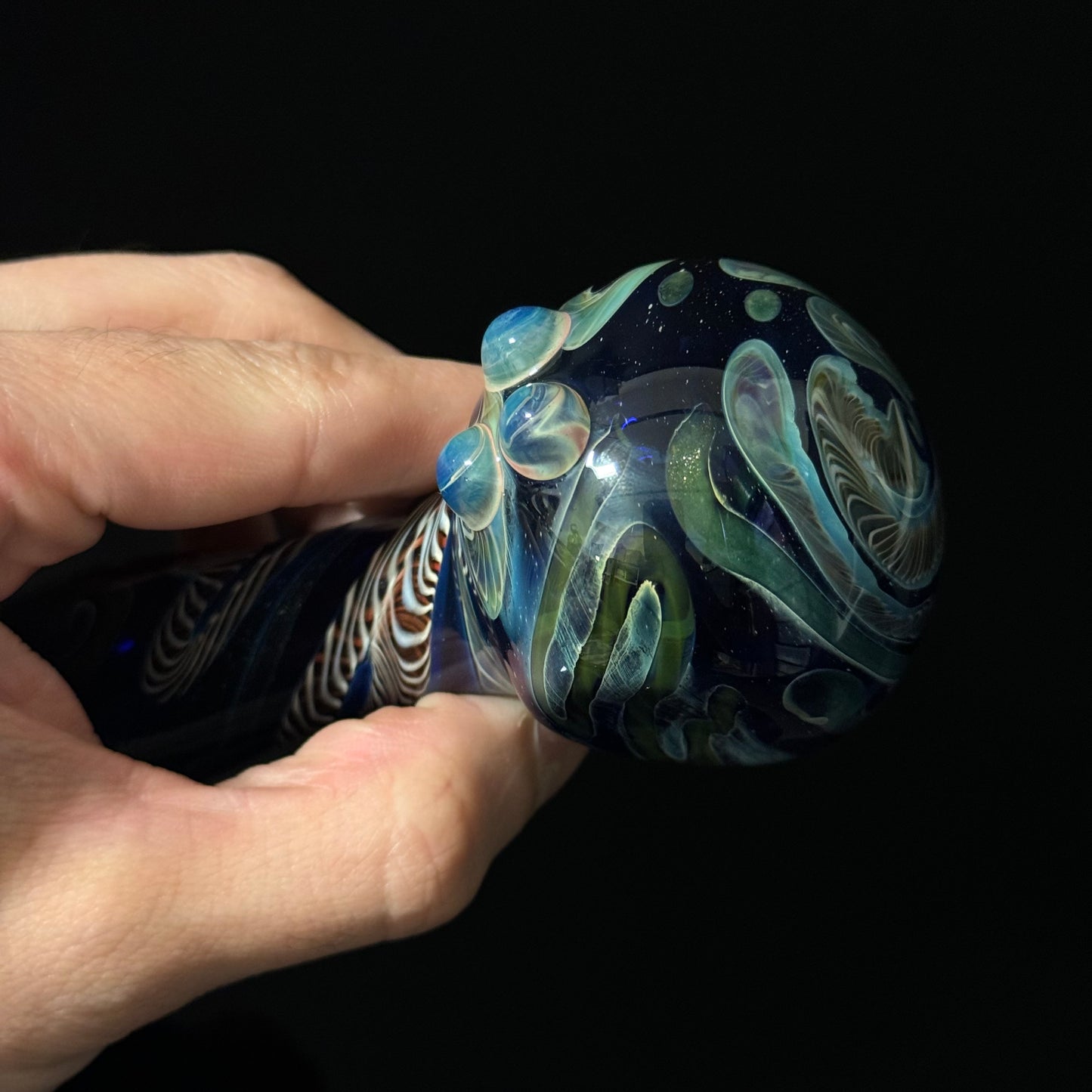 Cobalt Blue Latticino Linework Wrapped Color Glass Heady Pipe Hand Blown