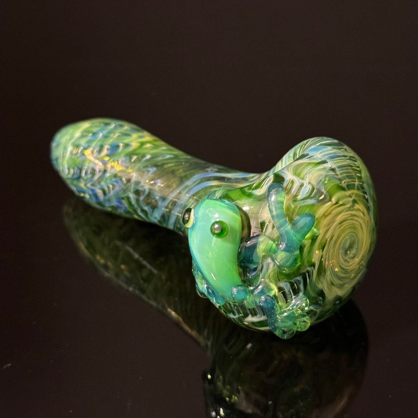 Frog Sculpture on Solid Green glass with multi color wrap Pipe Glass Pipe, Heady Hand Blown