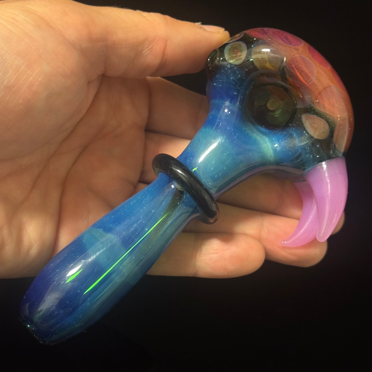 Heavy Inside Cobalt Silver Fumed Glass Heady Pipe With Pink Horns Hand Blown