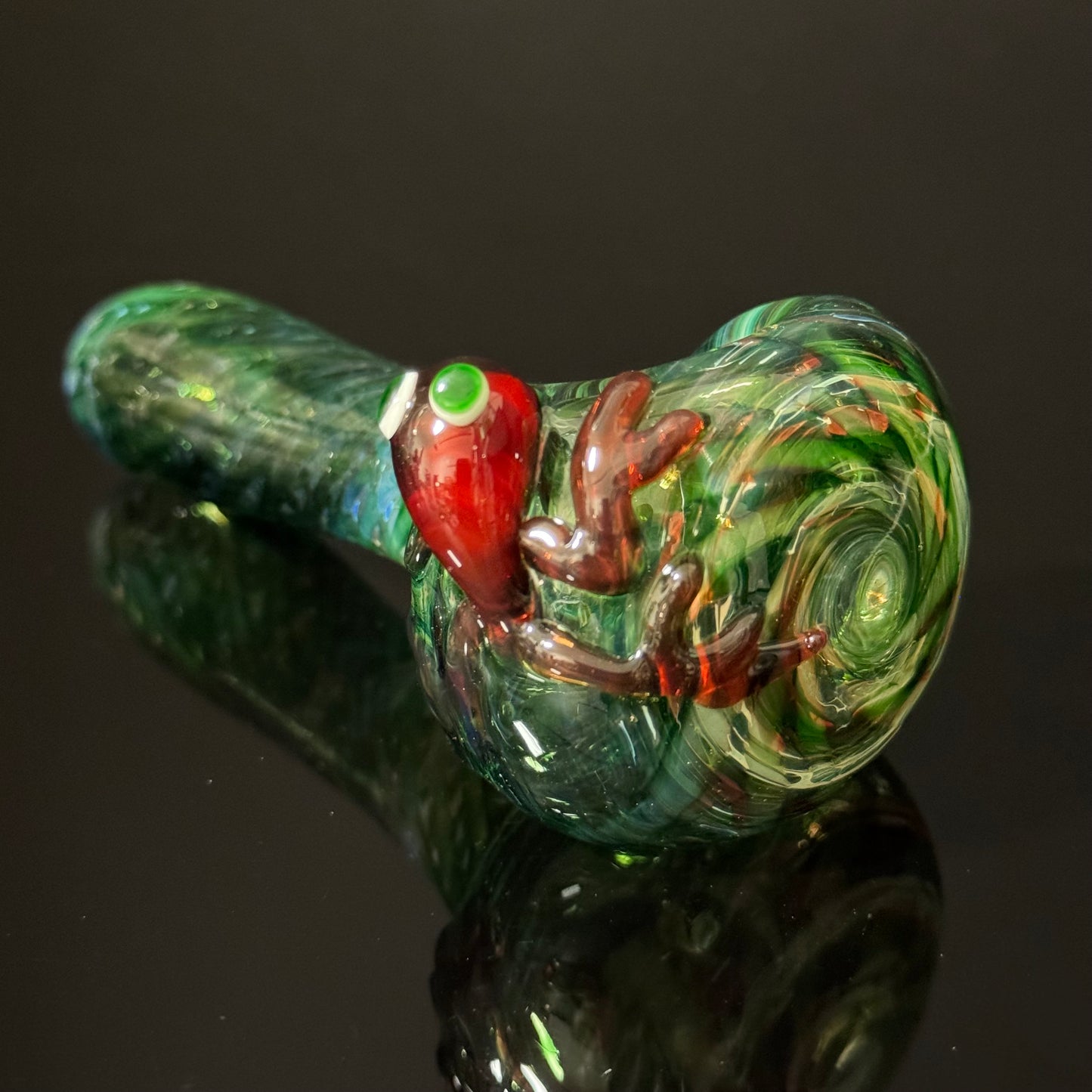 Frog Sculpture on Solid Green glass with multi color wrap Pipe, Heady Hand Blown