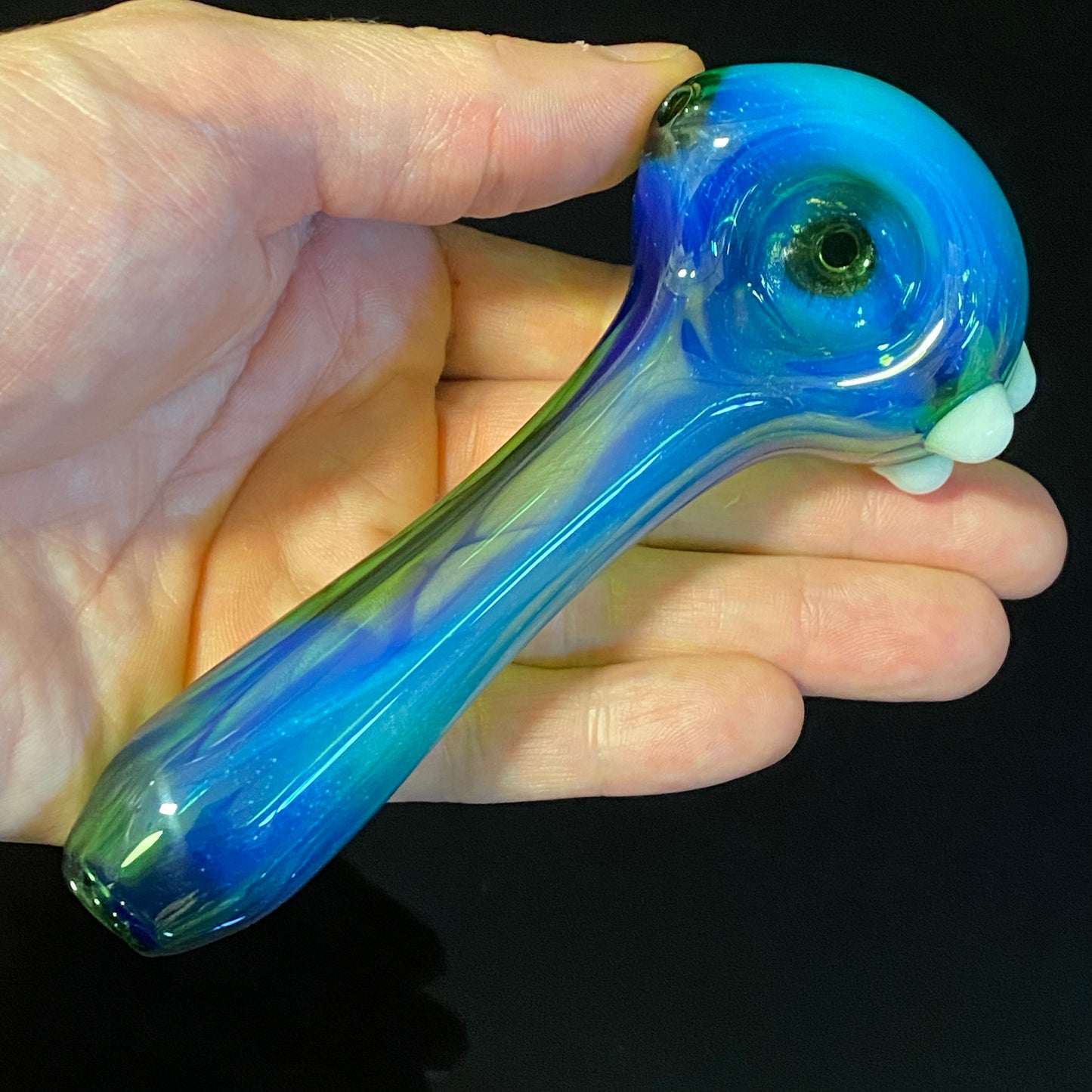 Dark Green with Blue Silver Fume Glass Pipe, Heady Hand Blown with marbles