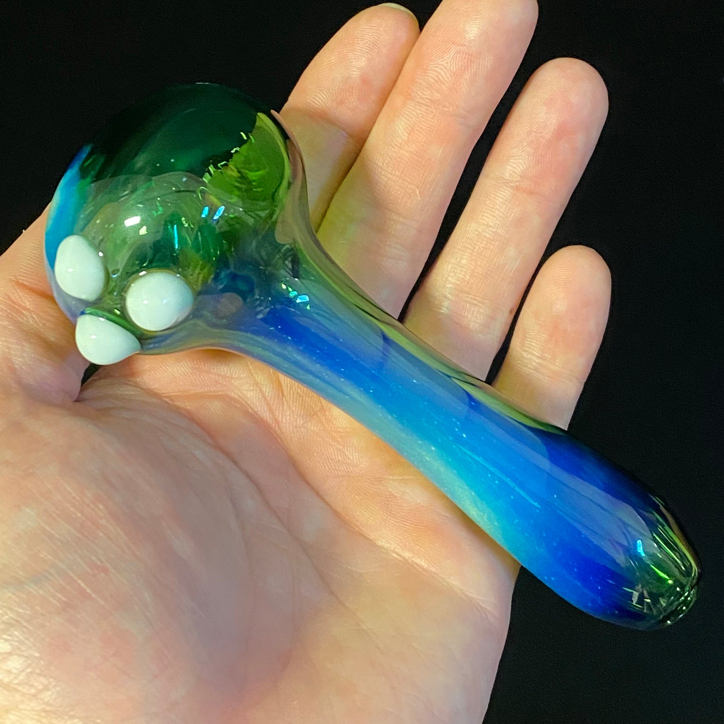 Dark Green with Blue Silver Fume Glass Pipe, Heady Hand Blown with marbles