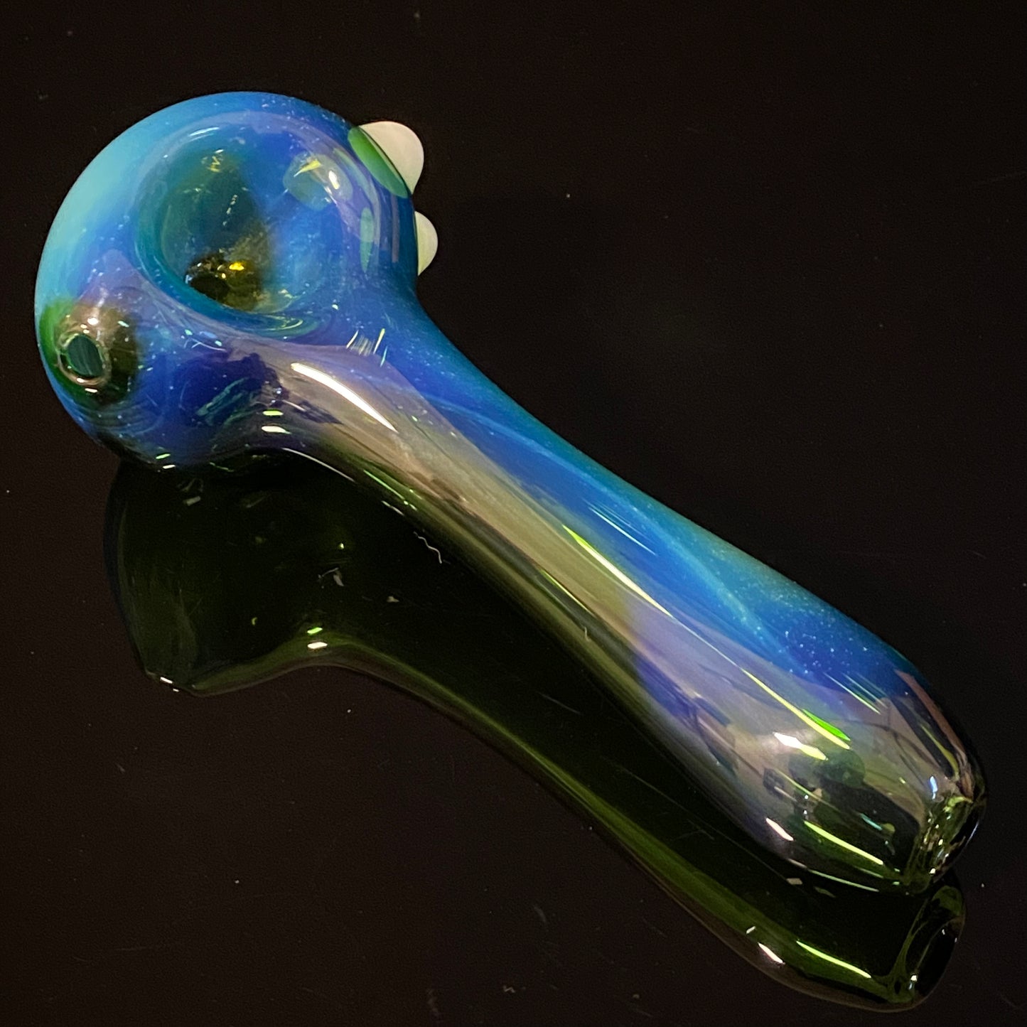 Dark Green with Blue Silver Fume Glass Pipe, Heady Hand Blown with marbles