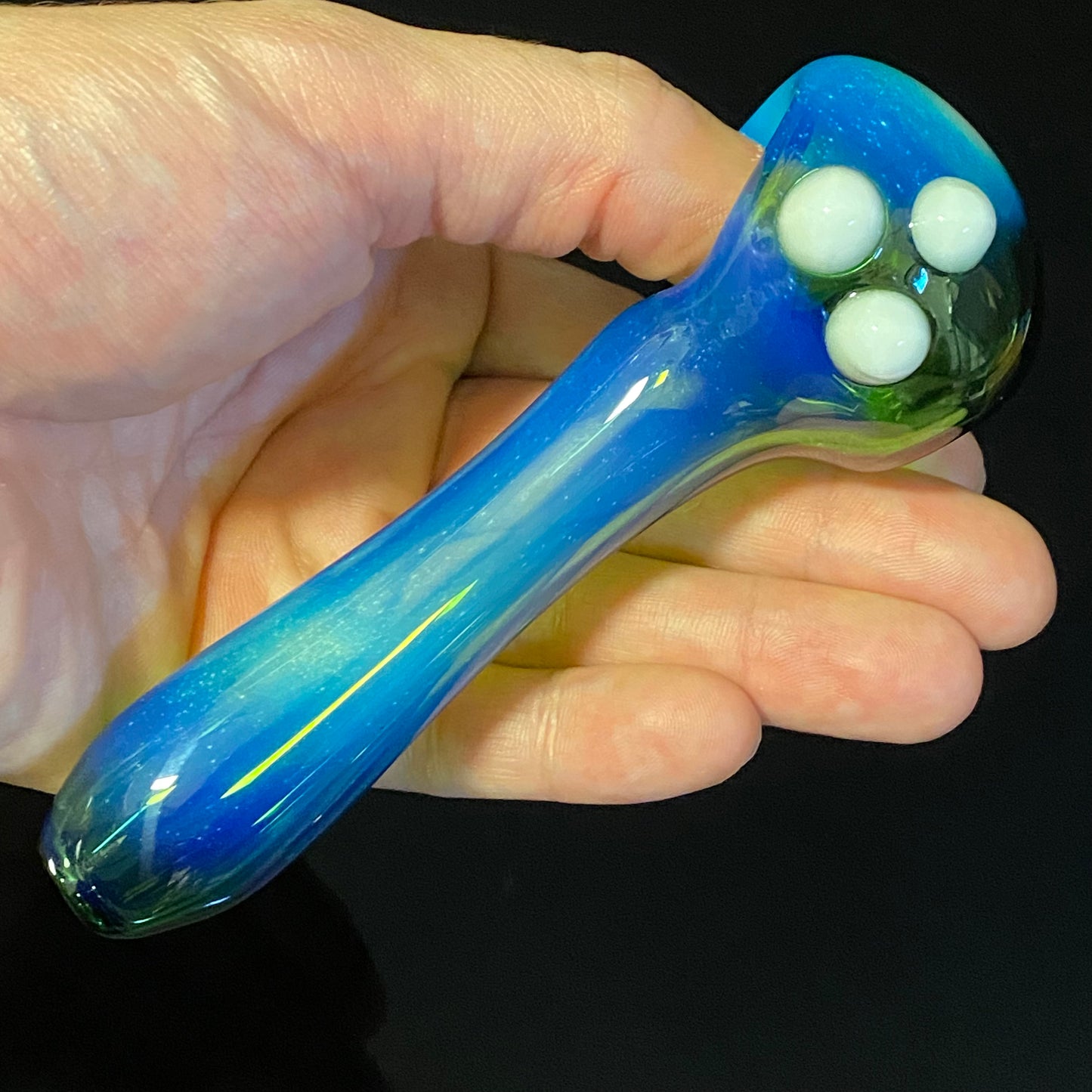 Dark Green with Blue Silver Fume Glass Pipe, Heady Hand Blown with marbles