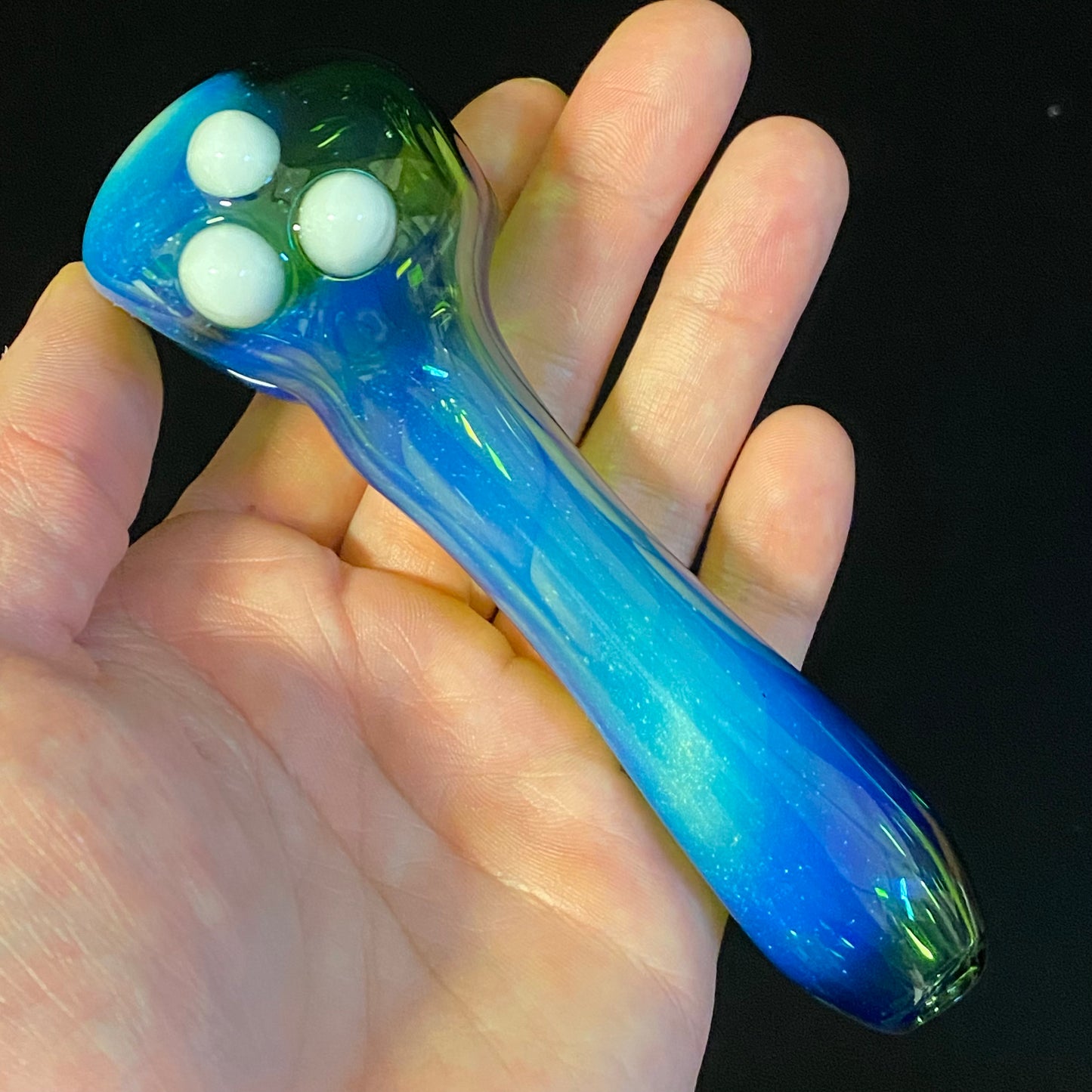 Dark Green with Blue Silver Fume Glass Pipe, Heady Hand Blown with marbles