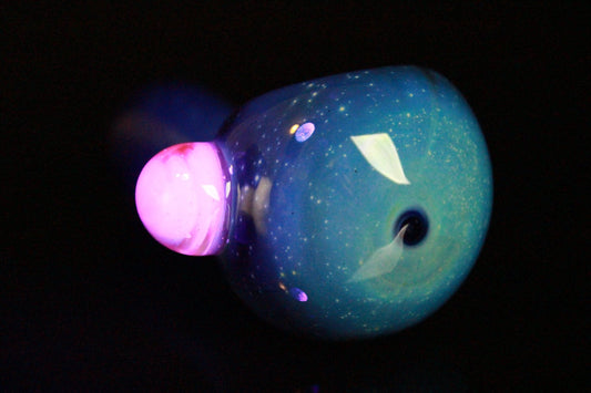 UV Glow Galaxy Cobalt Space Pipe Fumed Cobalt Glass Pipe, Heady Hand Blown with Lucy Pink Slyme