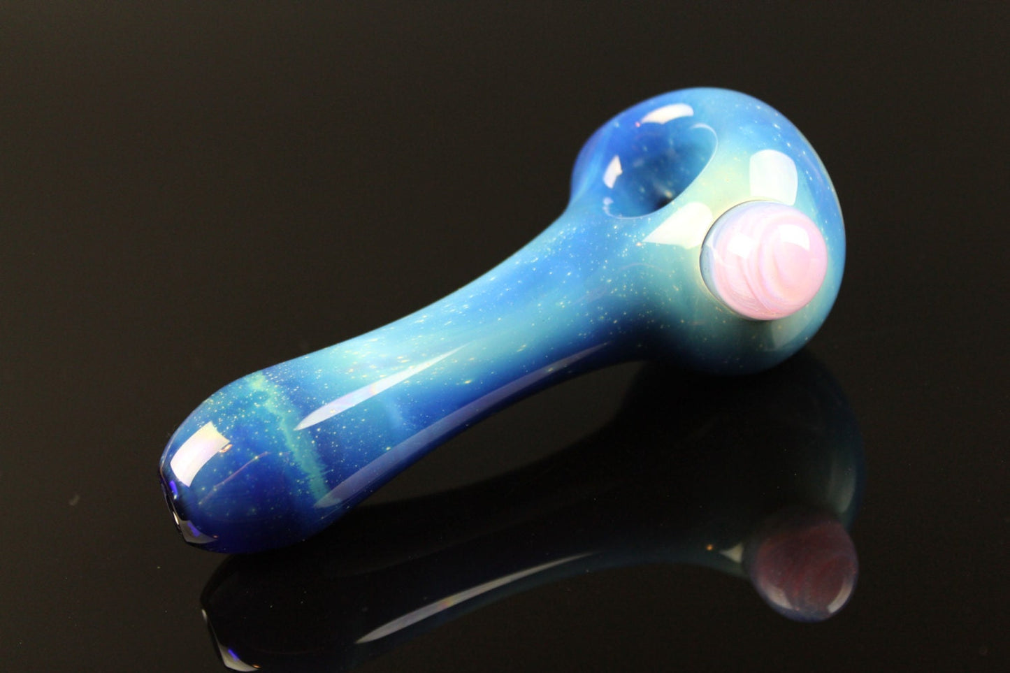 UV Glow Galaxy Cobalt Space Pipe Fumed Cobalt Glass Pipe, Heady Hand Blown with Lucy Pink Slyme