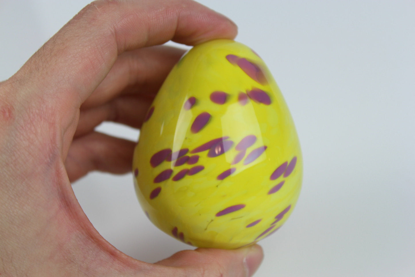 Glass Egg Paperweight Yellow & Purple Hand Made