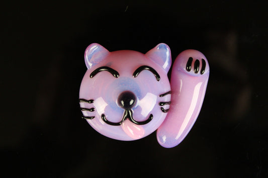 Pink Slyme Maneki-neko Good Luck Kitty Cat Face Pendant, Gray design Hand Blown Glass