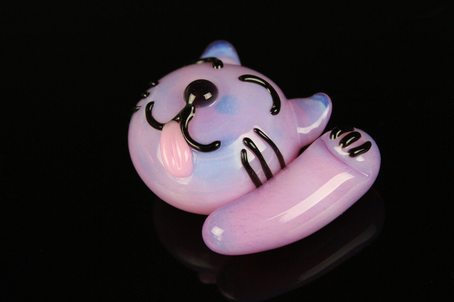 Pink Slyme Maneki-neko Good Luck Kitty Cat Face Pendant, Gray design Hand Blown Glass