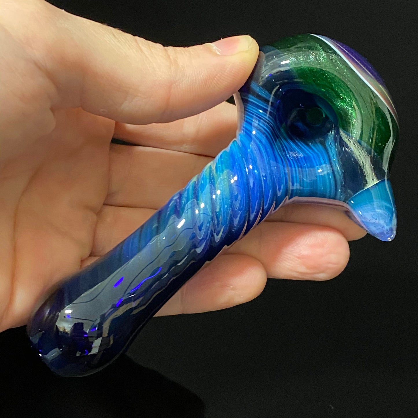 Spiral Texture Galaxy Space Cobalt Slyme Glass Pipe with A Fume Color, Heady Hand Blown with Slyme