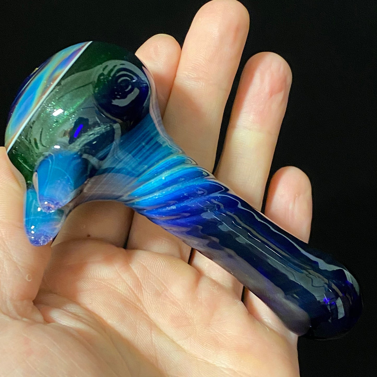 Spiral Texture Galaxy Space Cobalt Slyme Glass Pipe with A Fume Color, Heady Hand Blown with Slyme